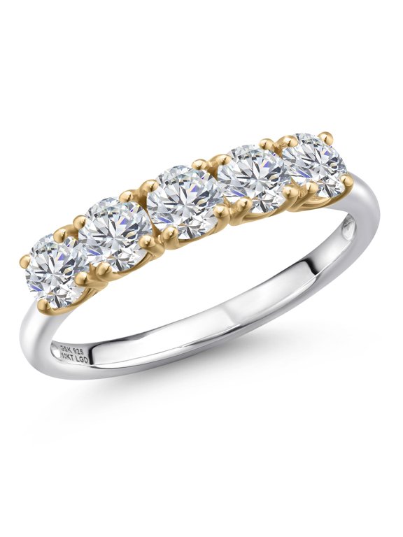 1.35 Cttw Lab Grown Diamond 5-Stone Wedding-Bands Ring for Women | 925 Silver and 10K Yellow Gold | Round 4MM | DEF Color | VVS-VS Clarity | Wedding Engagement Anniversary Ring | Size 7