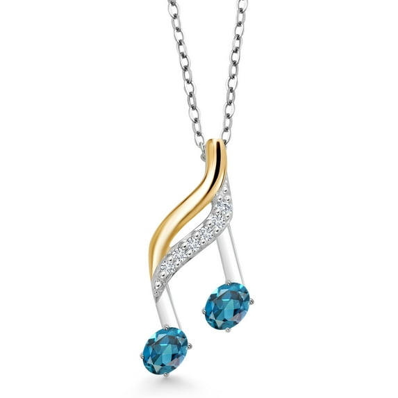 Gem Stone King 925 Silver and 10K Yellow Gold London Blue Topaz and Lab Grown Diamond 16th Sixteenth Music Note Symbol Pendant Necklace for Women By Keren Hanan with (0.47 Cttw, with 18 inch Chain)