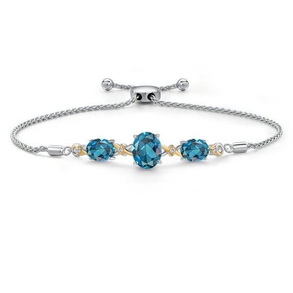 Gem Stone King 925 Silver & 10K Yellow Gold London Blue Topaz & Lab Grown Diamond Bracelet for Women | 6.06 Cttw | Gemstone November Birthstone | Oval 10X8MM and 8X6MM | Fully Adjustable 9 inch