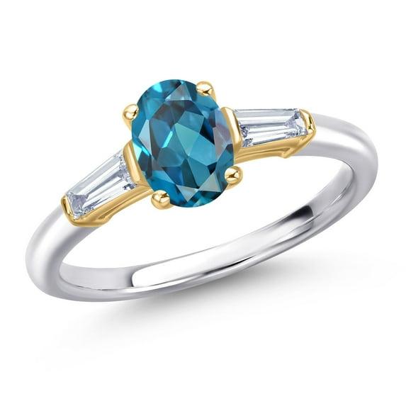 Gem Stone King 925 Silver and 10K Yellow Gold London Blue Topaz and Lab Grown Diamond Engagement Ring for Women | 1.20 Cttw | Oval 7X5MM | Gemstone November Birthstone | Size 8