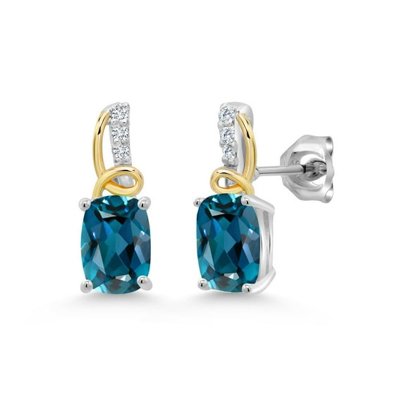 Gem Stone King 925 Silver and 10K Yellow Gold London Blue Topaz and Lab Grown Diamond Stud Earrings for Women (2.05 Cttw, Gemstone November Birthstone, Cushion 7X5MM)