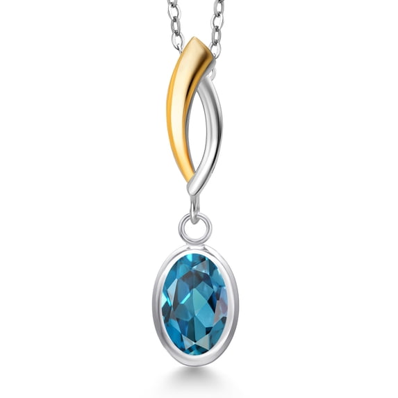 Gem Stone King 925 Silver and 10K Yellow Gold London Blue Topaz Pendant Necklace for Women | 1.50 Cttw | Gemstone November Birthstone | Oval 8X6MM | With 18 inch Chain