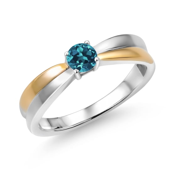 Gem Stone King 925 Silver and 10K Yellow Gold London Blue Topaz Solitaire Engagement Ring for Women (0.33 Cttw, Round 4MM, Gemstone Birthstone, Available in Size 5, 6, 7, 8, 9)