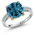 thumbnail image 1 of Gem Stone King 925 Silver and 10K Yellow Gold London Blue Topaz and White Lab Grown Diamond Engagement Ring for Women | 5.28 Cttw | Cushion 10MM | Gemstone November Birthstone | Size 7, 1 of 6