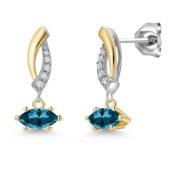 Gem Stone King 925 Silver and 10K Yellow Gold London Blue Topaz and White Lab Grown Diamond Stud Earrings for Women | 0.65 Cttw | Gemstone November Birthstone | Marquise 6X3MM