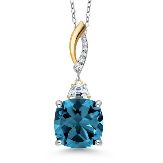 Gem Stone King 925 Silver and 10K Yellow Gold London Blue Topaz and White Moissanite Pendant Necklace for Women | 9.03 Cttw | Gemstone November Birthstone | Cushion 12MM | With 18 inch Chain