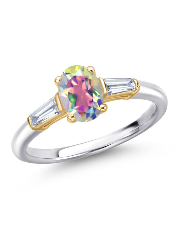 925 Silver and 10K Yellow Gold Mercury Mist Mystic Topaz and Lab Grown Diamond Engagement Ring for Women | 1.20 Cttw | Oval 7X5MM | Gemstone November Birthstone | Size 9