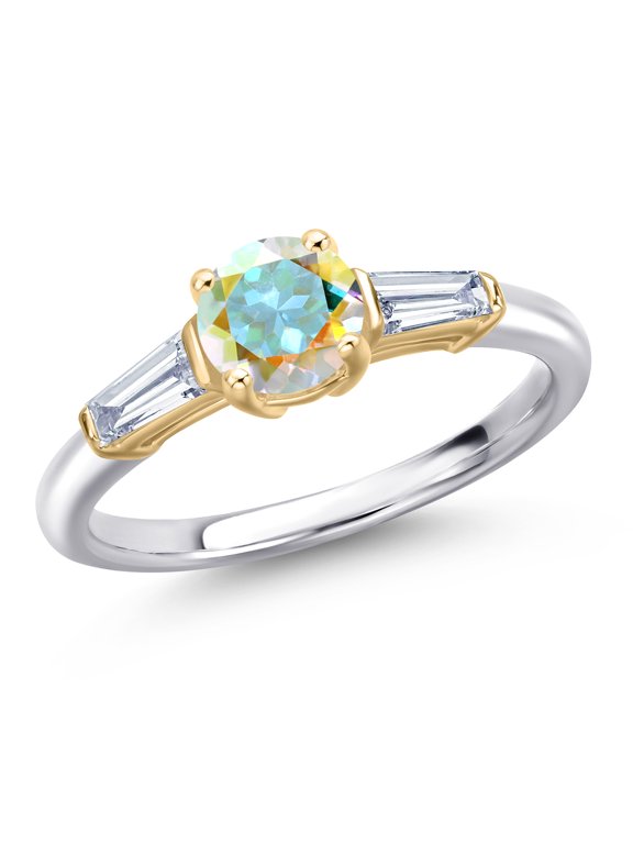 925 Silver and 10K Yellow Gold Mercury Mist Mystic Topaz and Lab Grown Diamond Engagement Ring for Women | 1.30 Cttw | Round 6MM | Gemstone November Birthstone | Size 9