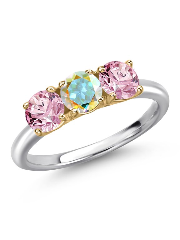 925 Silver and 10K Yellow Gold Mercury Mist Mystic Topaz and Pink Lab Grown Diamond Engagement Ring for Women | 1.55 Cttw | Round 5MM | Gemstone November Birthstone | Size 5