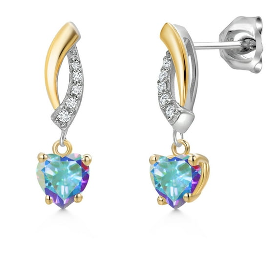 Gem Stone King 925 Silver and 10K Yellow Gold Mercury Mist Mystic Topaz and White Lab Grown Diamond Dangle Earrings for Women | 1.17 Cttw | Gemstone November Birthstone | Heart Shape 5MM