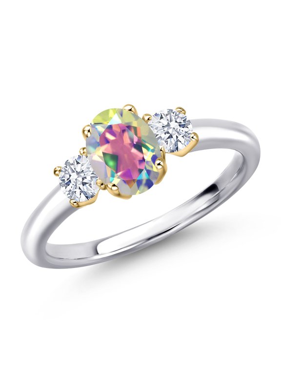 1.65 Cttw Mercury Mist Mystic Topaz and White Zirconia Engagement Ring for Women | 925 Silver and 10K Yellow Gold | Oval 7X5MM | Gemstone Birthstone | Available in Size 5, 6, 7, 8, 9
