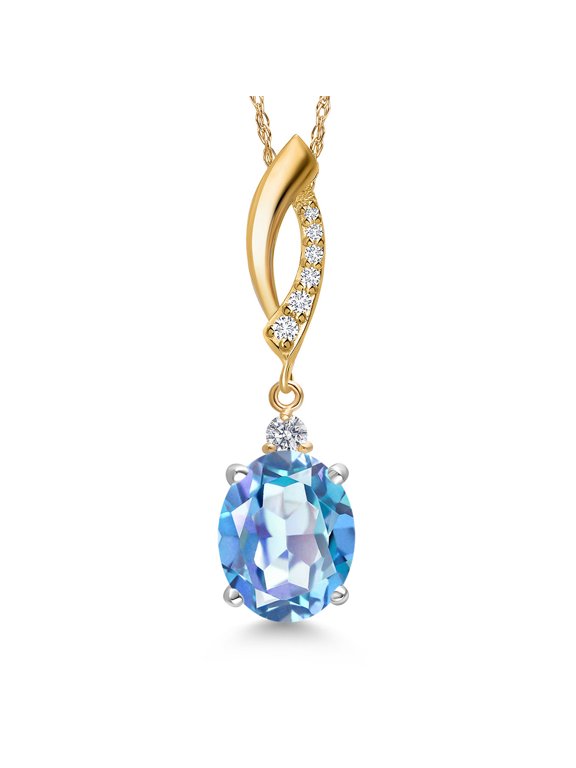 925 Silver and 10K Yellow Gold Millennium Blue Mystic Quartz and Lab Grown Diamond Pendant Necklace for Women | 3.13 Cttw | Gemstone Birthstone | Oval 10X8MM | With 18 inch Chain