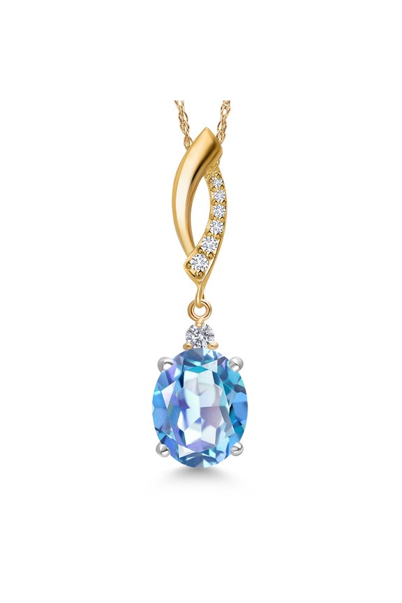925 Silver and 10K Yellow Gold Millennium Blue Mystic Quartz and Lab Grown Diamond Pendant Necklace for Women | 3.13 Cttw | Gemstone Birthstone | Oval 10X8MM | With 18 inch Chain