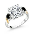 thumbnail image 1 of Gem Stone King 925 Silver and 10K Yellow Gold Moissanite and Black Diamond 3 Stone Ring for Women (5.54 Cttw, Gemstone Birthstone, Cushion 10MM, Round 4MM, Size 5), 1 of 3
