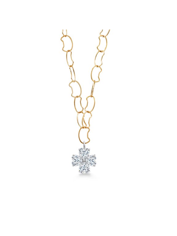 925 Silver and 10K Yellow Gold Moissanite Cat Figure Chain Necklace for Women with Clover Charm (0.92 cttw, with 18 inch Heart Shape Solid Gold Chain)