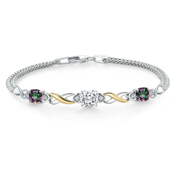 Gem Stone King 925 Silver and 10K Yellow Gold White Moissanite and Green Mystic Topaz and White Lab Grown Diamond Bracelet for Women (3.19 Cttw, Gemstone, Cushion 6MM, 7 inches, Made in Italy)