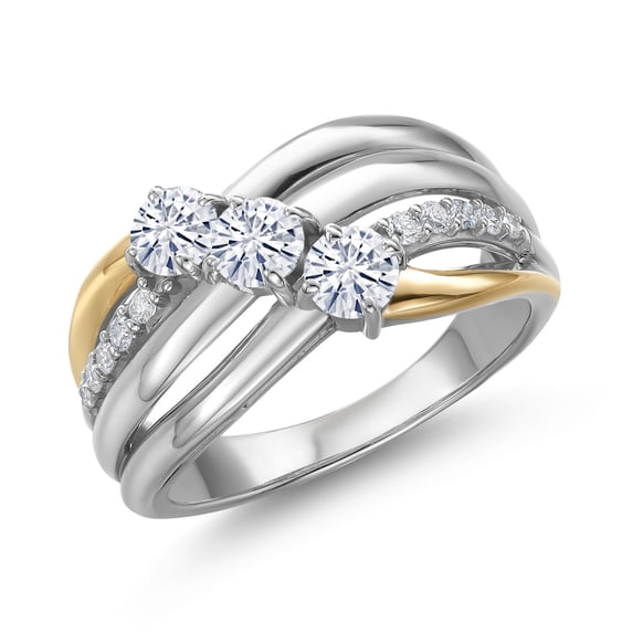 Gem Stone King 0.84 Cttw Moissanite and Lab Grown Diamond Engagement Ring for Women | 925 Silver and 10K Yellow Gold | Round 4MM | Wedding Engagement Anniversary Promise Ring for Women | Size 5