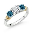 thumbnail image 1 of Gem Stone King 925 Silver and 10K Yellow Gold Moissanite and London Blue Topaz and Diamond 3-Stone Ring for Women (1.83 Cttw, Cushion 6MM and 4MM, Size 9), 1 of 3