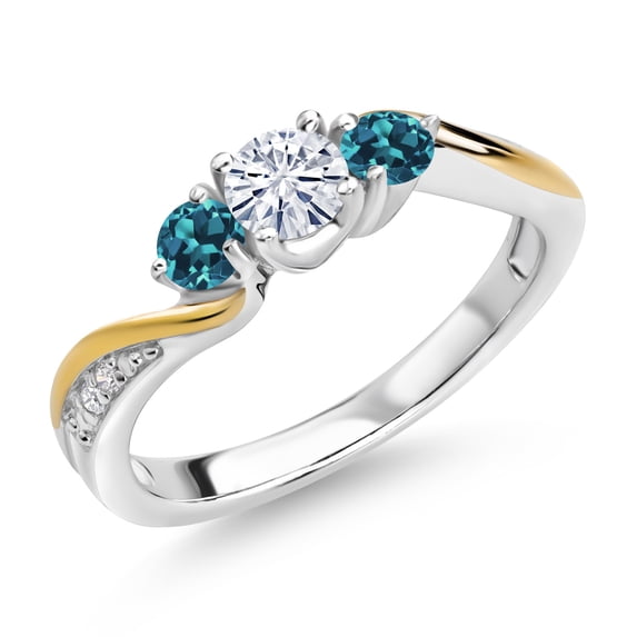 Gem Stone King 925 Silver and 10K Yellow Gold Moissanite London Blue Topaz and Lab Grown Diamond 3 Stone Engagement Ring for Women (0.52 Cttw, Gemstone Birthstone, Size 8)