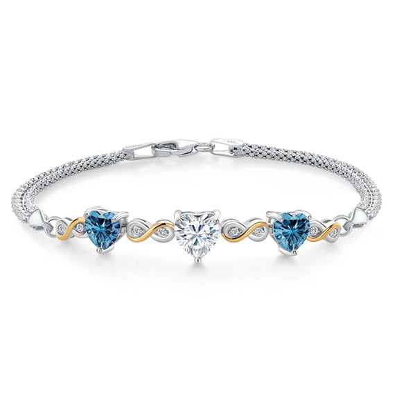 Gem Stone King 925 Silver and 10K Yellow Gold Moissanite and Persian Blue Moissanite and Lab Grown Diamond Bracelet for Women (2.98 Cttw, Heart 6.5/7/7.5 inch, Made in Italy)
