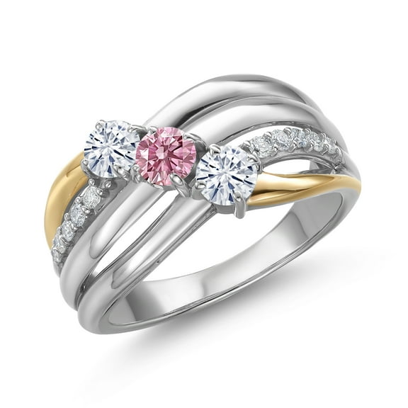 Gem Stone King 925 Silver and 10K Yellow Gold Moissanite and Pink Lab Grown Diamond Engagement Ring for Women | 0.86 Cttw | Round 4MM | Birthstone | Size 6