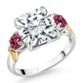 thumbnail image 1 of Gem Stone King 925 Silver and 10K Yellow Gold Moissanite and Pink Tourmaline 3 Stone Ring for Women (5.50 Cttw, Gemstone Birthstone, Cushion 10MM, Round 4MM, Size 9), 1 of 3