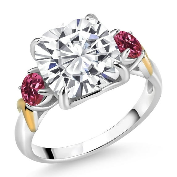 Gem Stone King 925 Silver and 10K Yellow Gold Moissanite and Pink Tourmaline 3 Stone Ring for Women (5.50 Cttw, Gemstone Birthstone, Cushion 10MM, Round 4MM, Size 9)