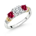 thumbnail image 1 of Gem Stone King 925 Silver and 10K Yellow Gold Moissanite and Red Created Ruby and Diamond 3-Stone Ring for Women (1.86 Cttw, Cushion 6MM and 4MM, Size 5), 1 of 3