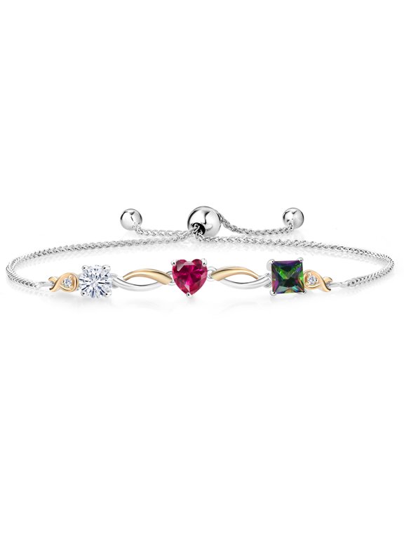 925 Silver and 10K Yellow Gold Moissanite Red Created Ruby Green Mystic Topaz and Lab Grown Diamond Tennis Bracelet for Women By Keren Hanan (2.26 cttw, Adjustable up To 9 inch)