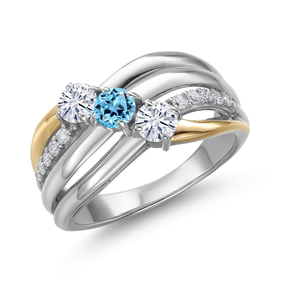 Gem Stone King 925 Silver and 10K Yellow Gold Moissanite and Swiss Blue Topaz and Lab Grown Diamond Engagement Ring for Women | 0.97 Cttw | Round 4MM | Birthstone | Size 9
