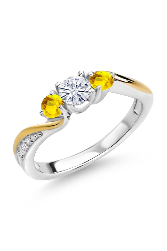 925 Silver and 10K Yellow Gold Moissanite Yellow Sapphire and Lab Grown Diamond 3 Stone Engagement Ring for Women (0.53 Cttw, Gemstone Birthstone, Size 7)