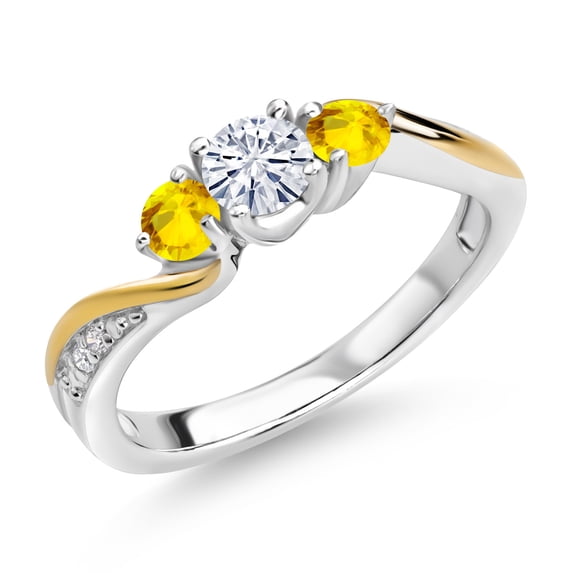 Gem Stone King 925 Silver and 10K Yellow Gold Moissanite Yellow Sapphire and Lab Grown Diamond 3 Stone Engagement Ring for Women (0.53 Cttw, Gemstone Birthstone, Size 9)