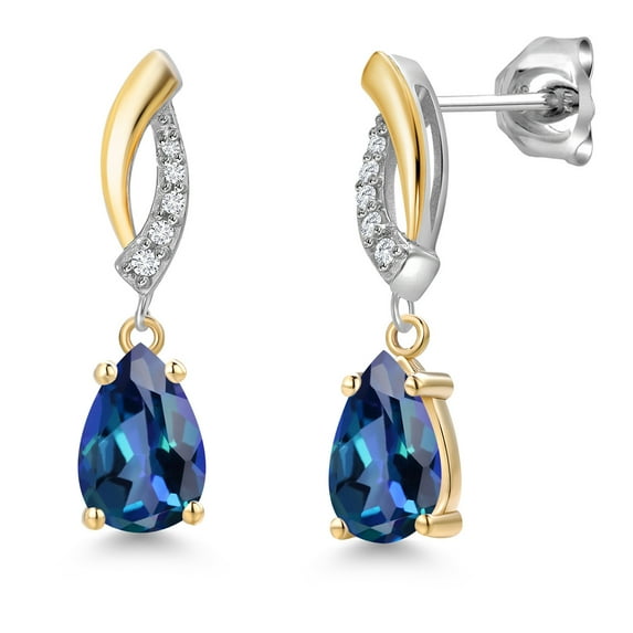 Gem Stone King 925 Silver and 10K Yellow Gold Neptune Mystic Topaz and White Lab Grown Diamond Stud Earrings for Women | 2.05 Cttw | Gemstone November Birthstone | Pear Shape 8X5MM