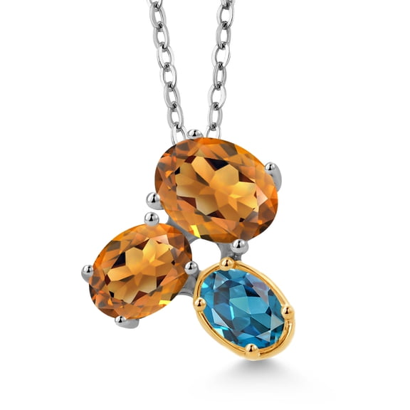 Gem Stone King 925 Silver and 10K Yellow Gold Orange Red Madeira Citrine and London Blue Topaz Pendant Necklace for Women (2.40 Cttw, Oval 8X6MM, 7X5MM and 6X4MM, Gemstone, with 18 inch Chain)