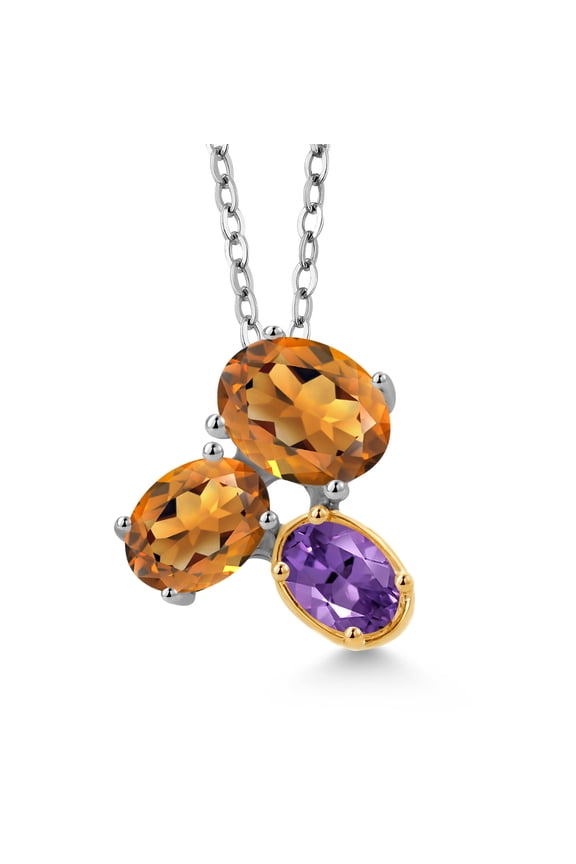 925 Silver and 10K Yellow Gold Orange Red Madeira Citrine and Purple Amethyst Pendant Necklace for Women (2.25 Cttw, Oval 8X6MM, 7X5MM and 6X4MM, Gemstone, with 18 inch Chain)