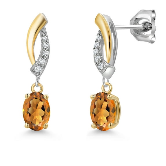 Gem Stone King 925 Silver and 10K Yellow Gold Orange Red Madeira Citrine and White Lab Grown Diamond Stud Earrings for Women | 0.85 Cttw | Gemstone November Birthstone | Oval 6X4MM