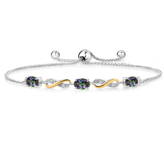 Gem Stone King 925 Silver and 10K Yellow Gold Oval Green Mystic Topaz and White Lab Grown Diamond Infinity Bracelet for Women Mother's Mom Wife Her (1.83 Cttw, Fully Adjustable up to 9 inch)