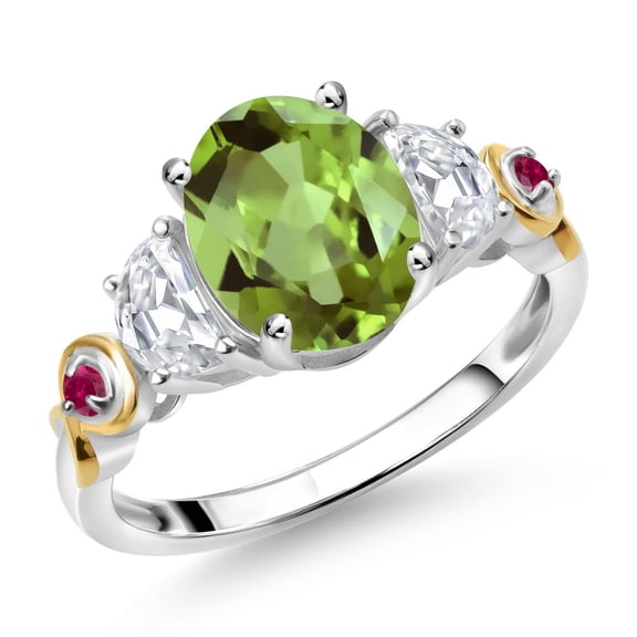 Gem Stone King 925 Silver and 10K Yellow Gold Oval Green Peridot White Moissanite and Red Created Ruby 3-Stone Ring | 2.60 Cttw | Three Stone Wedding Anniversary Promise Ring for Women (Size 7)