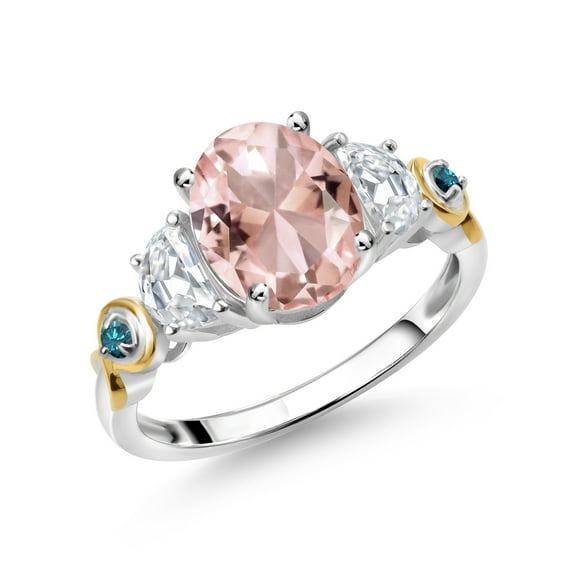 Gem Stone King 925 Silver and 10K Yellow Gold Oval Peach Nano Morganite and White Moissanite 3-Stone Engagement Ring for Women (2.51 Cttw, Size 9)