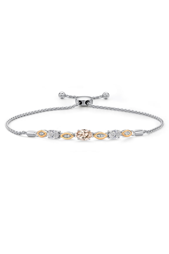 925 Silver and 10K Yellow Gold Peach Morganite and Lab Grown Diamond Bracelet for Women | 1.51 Cttw | Gemstone October Birthstone | Oval 7X5MM | Fully Adjustable 9 inch