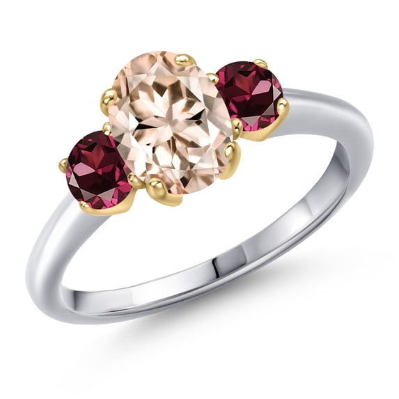 Gem Stone King 925 Silver and 10K Yellow Gold Peach Morganite and Red Rhodolite Garnet Engagement Ring for Women | 1.74 Cttw | Oval 8X6MM | Gemstone October Birthstone | Size 6