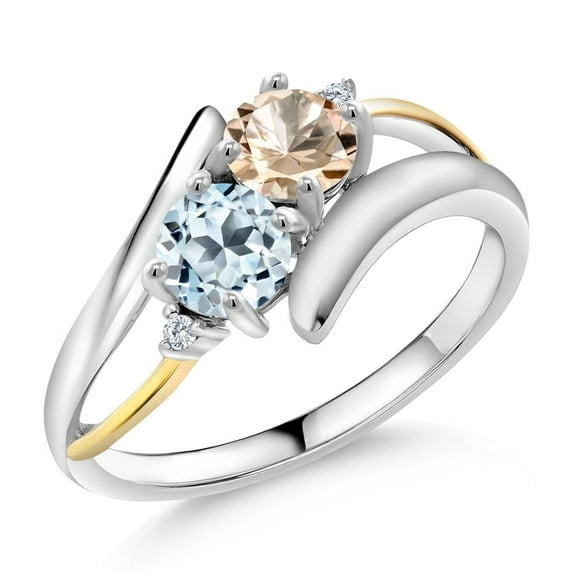 Gem Stone King 925 Silver and 10K Yellow Gold Peach Morganite Sky Blue Topaz and White Lab Grown Diamond Women Ring (1.12 Cttw, Round 5MM, Gemstone Birthstone, Size 9)