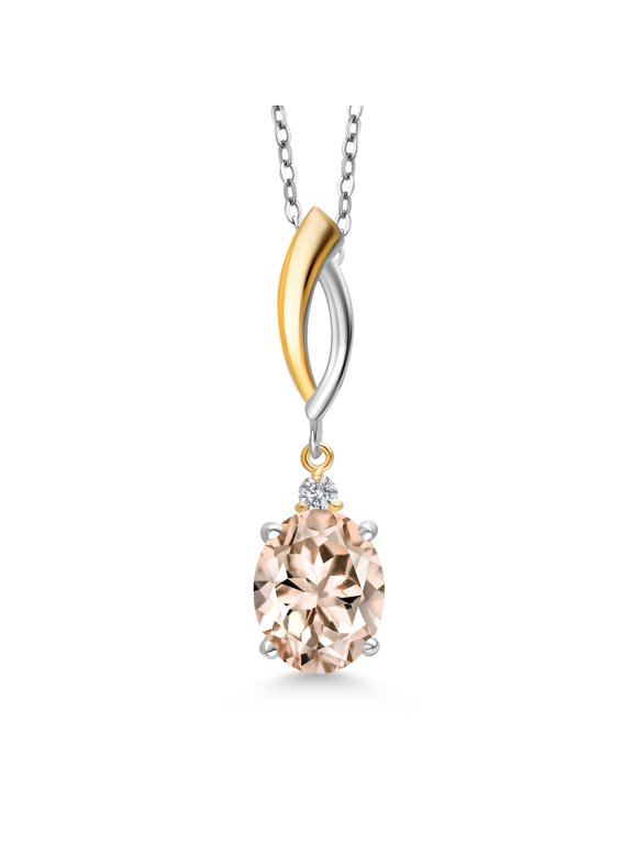 925 Silver and 10K Yellow Gold Peach Morganite and White Lab Grown Diamond Pendant Necklace for Women | 2.07 Cttw | Gemstone October Birthstone | Oval 10X8MM | With 18 inch Chain