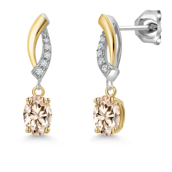 Gem Stone King 925 Silver and 10K Yellow Gold Peach Morganite and White Lab Grown Diamond Stud Earrings for Women | 1.05 Cttw | Gemstone October Birthstone | Oval 6X4MM