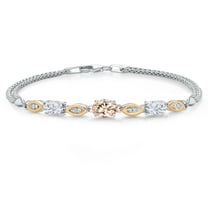 Gem Stone King 925 Silver and 10K Yellow Gold Peach Morganite and White Moissanite and White Lab Grown Diamond Bracelet for Women (1.71 Cttw, Gemstone October Birthstone, Oval, Wheat Chain, 7 inches)