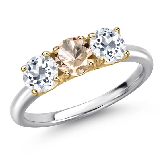 Gem Stone King 925 Silver and 10K Yellow Gold Peach Morganite and White Topaz Engagement Ring for Women | 1.60 Cttw | Round 5MM | Gemstone October Birthstone | Size 7