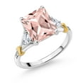 thumbnail image 1 of Gem Stone King 925 Silver and 10K Yellow Gold Peach Nano Morganite and Moissanite and Diamond Engagement Ring for Women (3.54 Cttw, Emerald Cut 10X8MM, Trillion 3.5MM, Size 8), 1 of 3