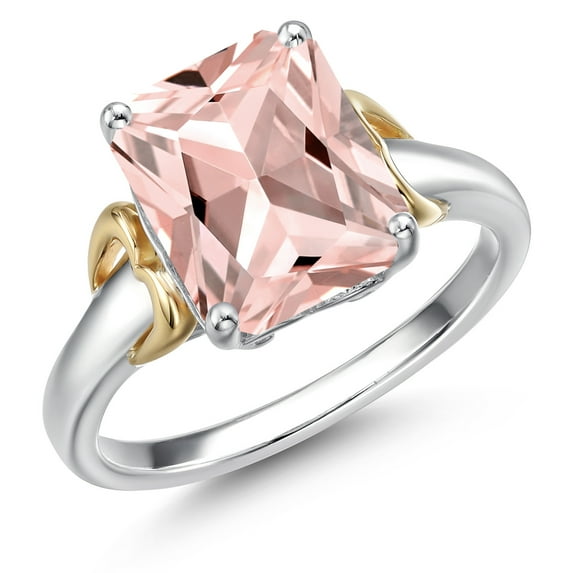 Gem Stone King 925 Silver and 10K Yellow Gold Peach Nano Morganite Solitaire Engagement Ring for Women | 3.20 Cttw | Octagon 10X8MM | Gemstone October Birthstone | Size 5
