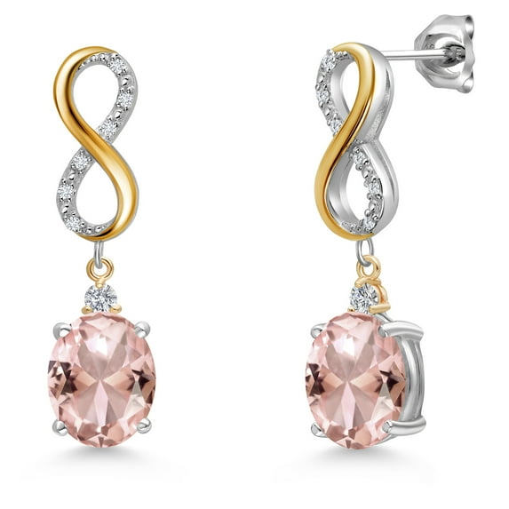 Gem Stone King 925 Silver and 10K Yellow Gold Peach Nano Morganite and White Lab Grown Diamond Drop Dangle Earrings for Women | 4.83 Cttw | Gemstone October Birthstone | Oval 10X8MM