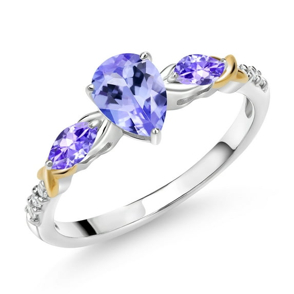 Gem Stone King 1.01 Cttw Pear Shape Blue Tanzanite and White Lab Grown Diamond Engagement Ring for Women | 925 Silver 10K Yellow Gold | Gemstone Birthstone | Available in Size 5, 6, 7, 8, 9 | Size 5